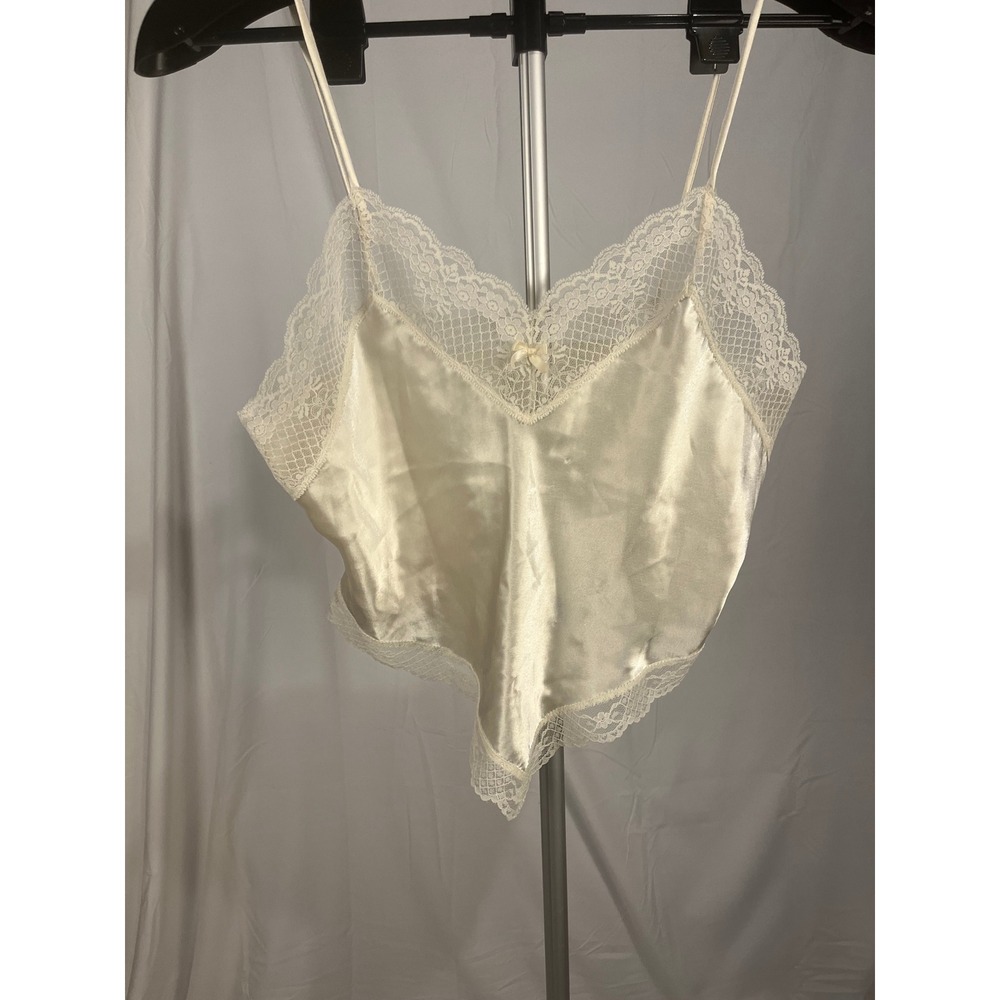 Ms Leslee Ivory Satin Lace Trim‎ Camisole Top Handkerchief Hem Vintage Style Med